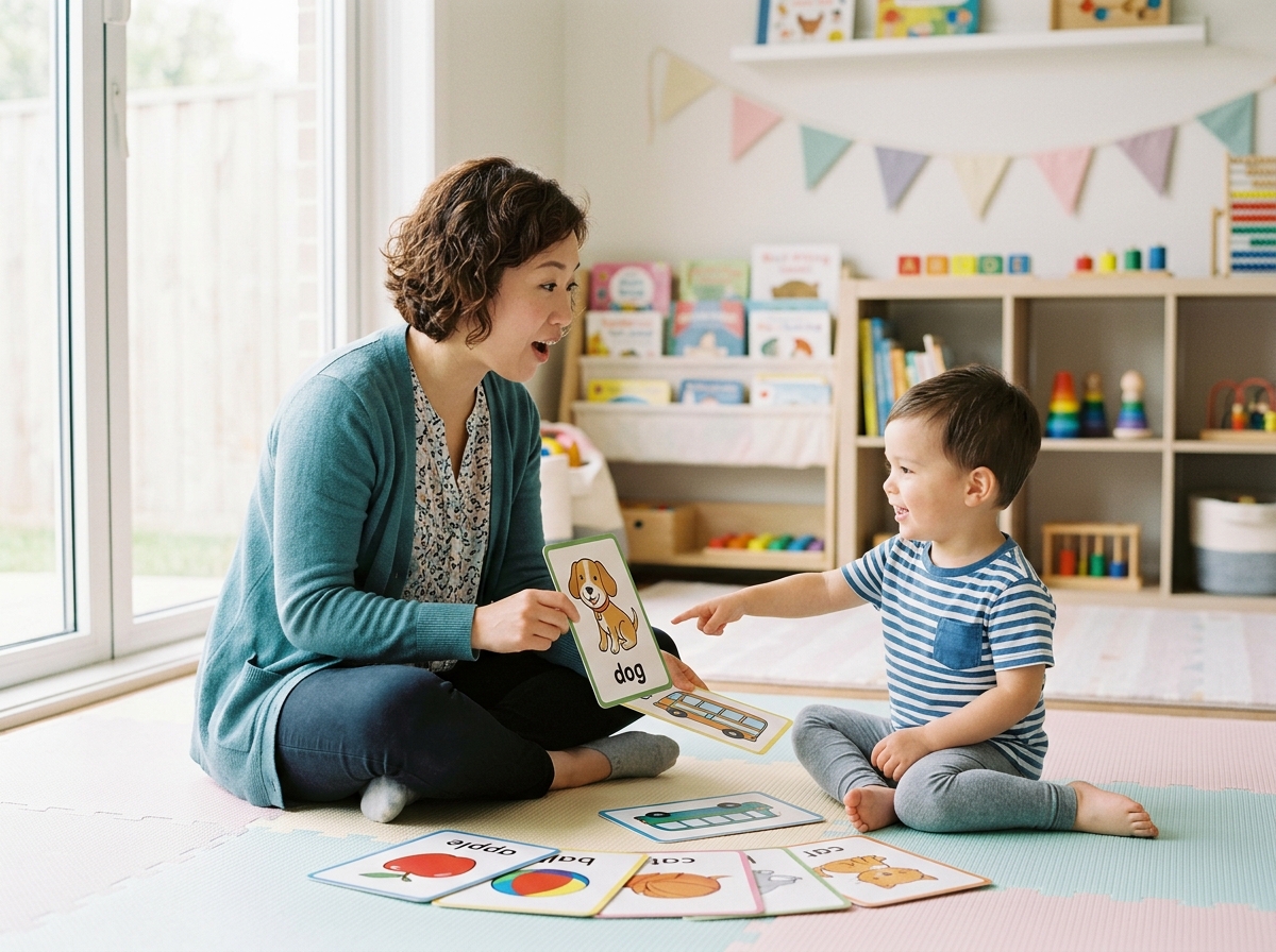 Niño jugando con tarjetas de lenguaje